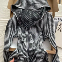 Cyflymder Japnese Harajuku Vintage Polka Dot Sriped Print Women Clothes Y2k Autumn Comfortable Casual High Street Hoodies Zipper Cardigan