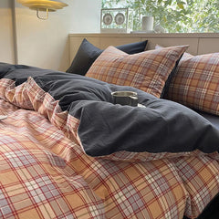 Cyflymder Japanese Style Plaid Pure Cotton Bedding Set Soft Washed Cotton Cozy Bedclothes Queen Single Fitted Sheet Quilt Cover Pillowcase