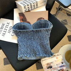 Cyflymder Retro Hong Kong Style Denim Strapless Vest Women Summer Outdoor Sweet Spicy Short Wrap Chest Top with Chest Pad Sexy Female Garm