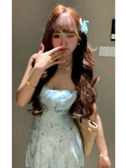 Cyflymder Dresses Women Floral Printed Sleeveless Holiday Slash Neck Sexy Sweet Bandage Backless Elegant Party Dress Ladies