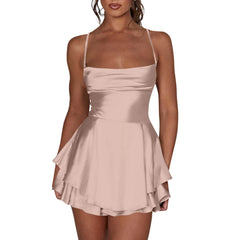 Cyflymder Ladies' Silk And Satin Elegant Sexy Slim Beautiful Backless Short Dress Cowl Neck Cross Spaghetti Strap Party Pleated Mini Skirt