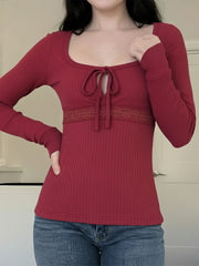 Cyflymder Sweet All Match Solid Square Collar Long Sleeve Lace Patchwork Slim T-Shirts