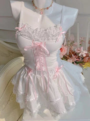 Cyflymder Cute Crop Top Women Summer Lace Trim Bows Decoration Slim Tops for Sweet Girls Lolita Style Kawaii Clothes