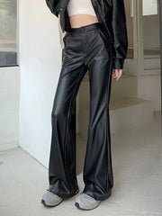 Cyflymder Streetwear Moto Pu Flare Pants Women High Waist Slim Vintage Trousers Harajuku Casual American Retro Female Autumn Pants