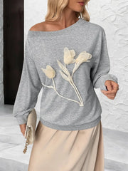 Cyflymder Autumn All Match Casual Solid Loose Appliques Skew Collar Long Sleeve Sweatshirts