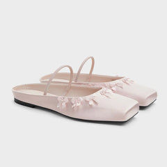 Cyflymder Big Size 43 Summer Square Toe Cute Pink Satin Ballet Flats Shoes Women Bow Knot Comfy Walk Mules Shoes Outdoor Slipper