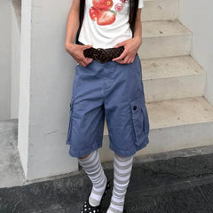 Cyflymder American Retro Washing Water Big Pocket Cargo Denim Five-point Pants Women Summer New Loose Wide-leg Straight Pants
