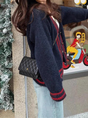 Cyflymder Autumn Loose Korean Contrast Color Striped V Neck Casual Single Breasted Knitted Sweaters