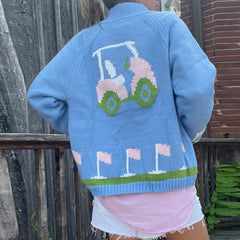 Cyflymder y2k Cardigan Sweater Women Fashion Golf Car/Heart Print Long Sleeve Button Down Knitted Top 2000s Clothing Knitwear