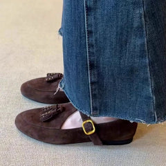 Cyflymder Fashion Tassel T Strap Design Retro Mary Jane Shoes Comfort Round Toe Buckle Flats Shoes for Ladies Lightweight Walking Loafers