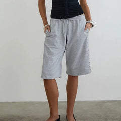Cyflymder Women Y2k Baggy Sweat Shorts Studded Gym Knee Length Capri Shorts Elastic Waist Drawstring Loose basketball Short Pants