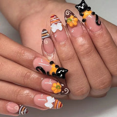 Cyflymder 24pcs Cute Cartoon Black Cat Press On Nails 3D White Bowknots Pumpkin Pattern False Nails Stripes French Style Almond Fake Nail