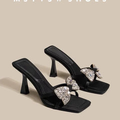 Cyflymder Fashion Bowknot Luxury High Heels Slippers Women Slip on Open Toe Summer Slippers Woman Stiletto Heels Party Shoes 54989