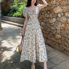 Cyflymder Vintage Broken Flowers Dresses Women's Clothing French Style Puff Sleeve Summer Square Collar Fashion Drawstring Long Dress New