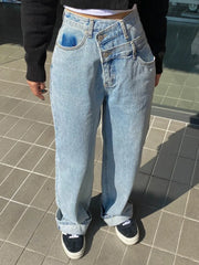 Cyflymder High Waist Asymmetric Two Button Vintage Straight Leg Wide Leg Casual Jeans Women's Chic Spring New Sle Casual Loose Fit