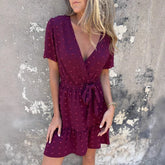 Cyflymder Casual V Neck Lace Up Beach Dress Vintage Ruffle Pleated Holiday Dress Women's Elegant Short Sleeved Summer Dress Vestidos