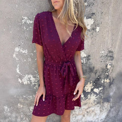 Cyflymder Casual V Neck Lace Up Beach Dress Vintage Ruffle Pleated Holiday Dress Women's Elegant Short Sleeved Summer Dress Vestidos