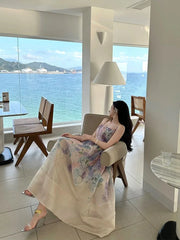 Cyflymder Summer Floral Printing Spaghetti Strap Long Women Party Dress Lace-up Chic European Bohemian Vintage Holiday Beach Dress