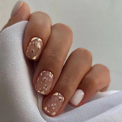 Cyflymder 24Pcs Short Round Lovely Wearable Manicure French White Blue Flower Shiny Designs Stick on Nails French Fresh Fashion Fake Nails