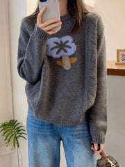 Cyflymder Vintage Floral Sweaters Women Loose Korean Casual Knitted Jumpers Long Sleeve O Neck Retro Female Sweet Cute Fall Tops New
