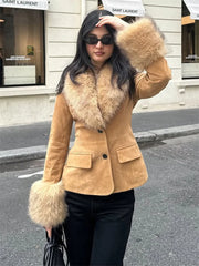 Cyflymder Fashion Vintage Fur Feather Jackets For Women Pocket V-Neck Long Sleeve Patchwork Winter Commute Coat Female Warm Jackets