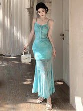 Cyflymder Sexy Printed Mesh Suspender Party Dress Women Elegant Fashion Backless High Waist Slim Fit Mermaid Long Dresses Summer