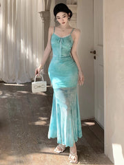 Cyflymder Sexy Printed Mesh Suspender Party Dress Women Elegant Fashion Backless High Waist Slim Fit Mermaid Long Dresses Summer