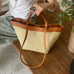 Cyflymder Summer Large Capacity Tote Bag Women Shoulder Bag Handmade Woven Bag Fresh Rural Handheld Grass Woven Women Bag