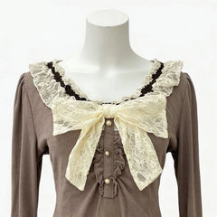 Cyflymder American Elegant Spliced Lace O Neck Bow Design Woemn T Shirts Y2k Aesthetic Vintage Spliced Pleated Clothes Harajuku Punk Tops