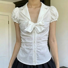 Cyflymder Temperament Preppy Style Bow V Neck Puff Short Sleeve Women's Blouse Y2k Aesthetic Harajuku Pleated Casual Shirts Spice Clothes