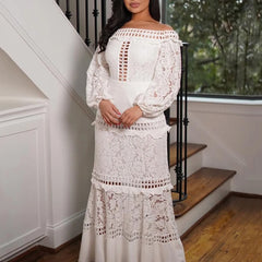 Cyflymder Elegant Lace Hollow Out Women Evening Dress Off-Shoulder Long Sleeve Prom Party Long Gown Flower Embroidery Maxi Wedding Dresses