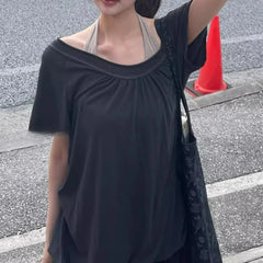 Cyflymder Spicy Girl Slanted Neck Off Shoulder Short Sleeved T-shirt for Women's Summer Versatile Casual Style Top