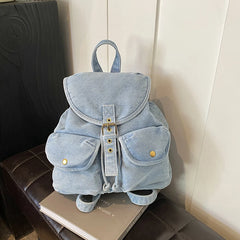 Cyflymder Korean denim backpack female new large capacity multi-pocket bucket bag student commuting travel bagpack drawstring rucksack sac
