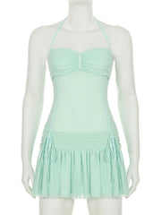 Cyflymder Beach Style Bandage A-Line Pleated Dress Holiday See Through Solid Slash Neck Sleeveless Mini Dresses For Women 2025