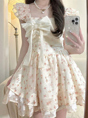 Cyflymder Floral Sweet Cute Bow Dress Women Slim Vintage Flying Sleeve Mini Dress Summer Elegant Vintage French Sexy Lady Vestidos