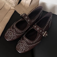 Cyflymder Retro Rivet Buckle Design Flats Women Round Toe Shallow Elegant Mary Jane Shoes for Ladies Fashion Brand Designer Casual Shoes