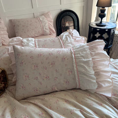 Cyflymder Pink Floral Double Layer Lace Ruffles 100% Cotton Bedding Set Duvet Cover Set Bed Sheet/Bed Skirt/Fitted Sheet Pillowcases 4Pcs