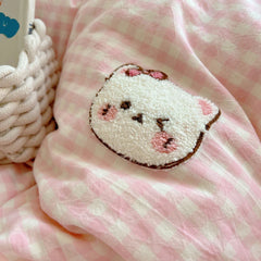 Cyflymder 3/4Pcs Cute Cartoon Cat Embroidery Heart Pompom Bedding Set Single Queen King Size 100% Cotton Duvet Cover Bed Sheet Pillowcases