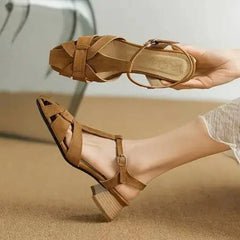Cyflymder New Thick Heel Romen Sandals Women High Heel Leather Shoes Retro Weave Hollow Pumps British Style Female Shoes Summer