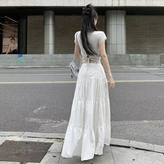 Cyflymder Y2k Clothes Women Skirts Vintage High Waist Elastic Patchwork White White Chic Long Cake A-line Skirt Streetwear
