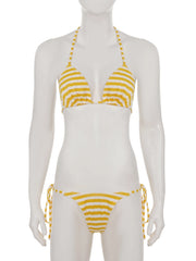 Cyflymder Beach Style Striped Bikini Sets Holiday Sexy Bandage 3 Piece Sets Backless Brief Halter Tops Low-Waisted Pantys Shorts