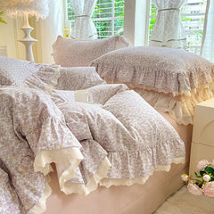 Cyflymder Korean Princess Style Small Florals Lace Ruffles 600TC Cotton Brushed 4Pcs Bedding Set Duvet Cover Flat/Fitted Sheet Pillowcases