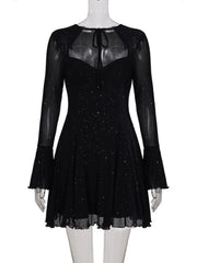 Cyflymder Sexy Sparkly Sheer Mesh Party Dress Women Fashion Black Tie-up Low Cut Front Long Sleeve A Line Mini Midnight Club Dress