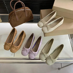 Cyflymder Round Toe Bow-Knot Women Casual Female Sneakers Flat Shoes Autumn Shallow Mouth Butterfly Dress Fall New Lace-Up PU Leisure Floc