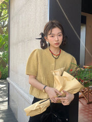 Cyflymder Chic Autumn New Sle Retro Splicing Lace Trim Soft Bubble Sve Knitted Sweater Women's Faionable Commute Loose Fit