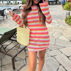 Cyflymder Fashion Vacation Bohemian Women's Mini Dresses Rainbow Striped Printed Slim Knitted Dress O Neck Long Sleeved Summer Beach Dress