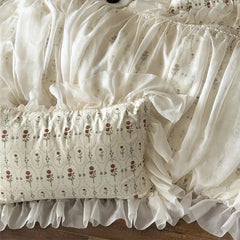 Cyflymder 4Pcs Vintage French Pure Cotton Rose Print Pleated Lace Ruffles Bedding Set Queen King Size Duvet Cover Set Bed Sheet Pillowcase