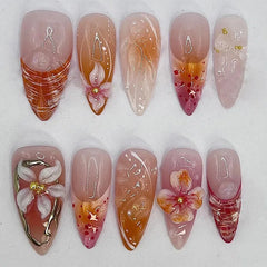 Cyflymder 24Pcs Autumn Almond Round Head Fake Nail with Cat's Eye Design Full Cover Oval Nail Tips Flower Moon Star Press on False Nails