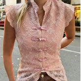Cyflymder Chic Pink Floral Lace Bow Tops Women O Neck Sleeveless Slim Front Split Tops Fashion Spring Summer Y2K Girl Tops