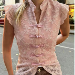 Cyflymder Chic Pink Floral Lace Bow Tops Women O Neck Sleeveless Slim Front Split Tops Fashion Spring Summer Y2K Girl Tops